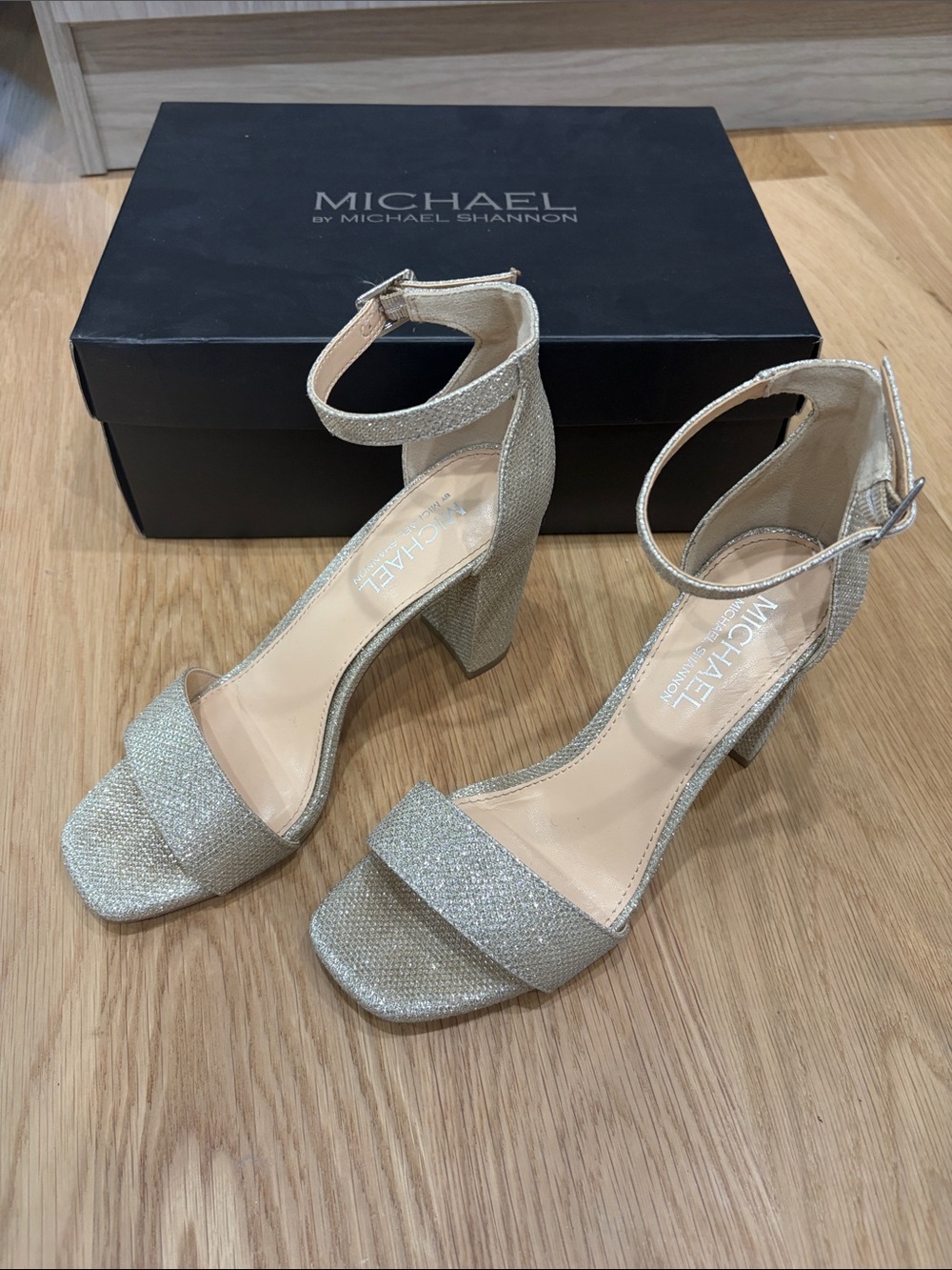 MICHAEL by Michael Shannon Gold Ankle-Strap Block Heels